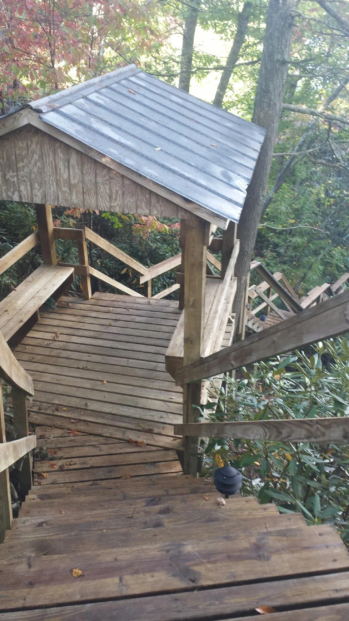 Metal roofed shelter over wooden steps on a wooded walkway — Skylight Repair & Installation work by our crew in Graytown